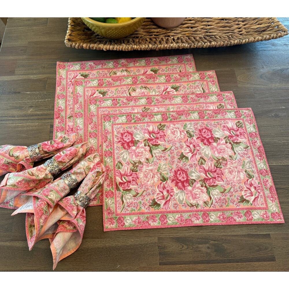Vintage April Cornell Pink Floral Placemats, Napkins, and Napkin Rings Set of 4